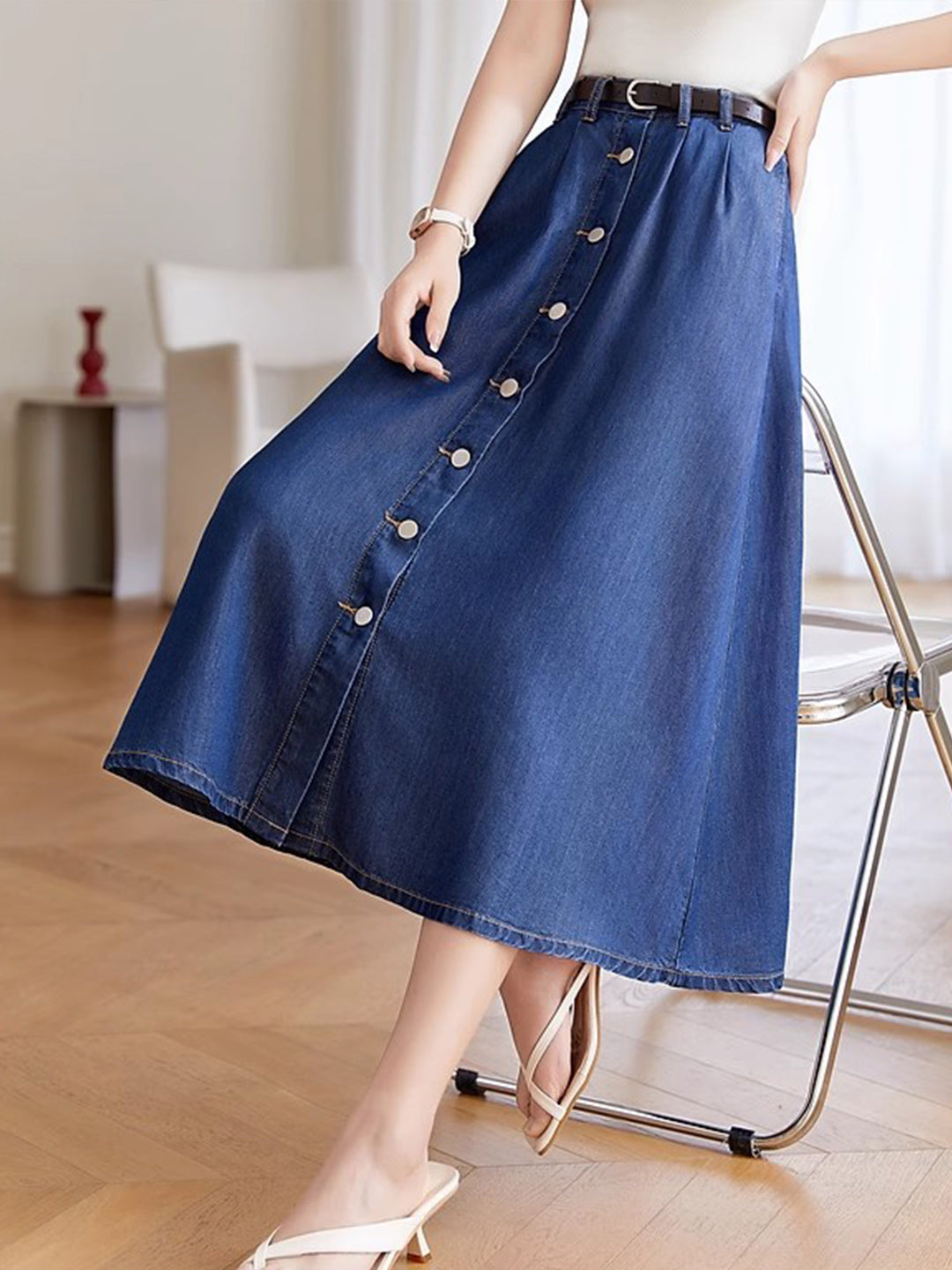 Persora™ | Classic Pleated Button Denim Skirt