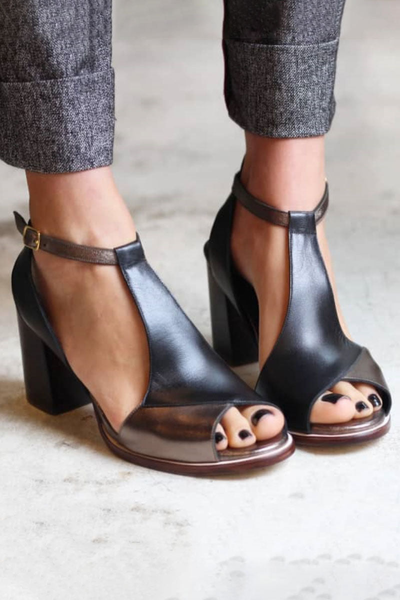Persora™ | Black Patchwork Peep Toe Heels