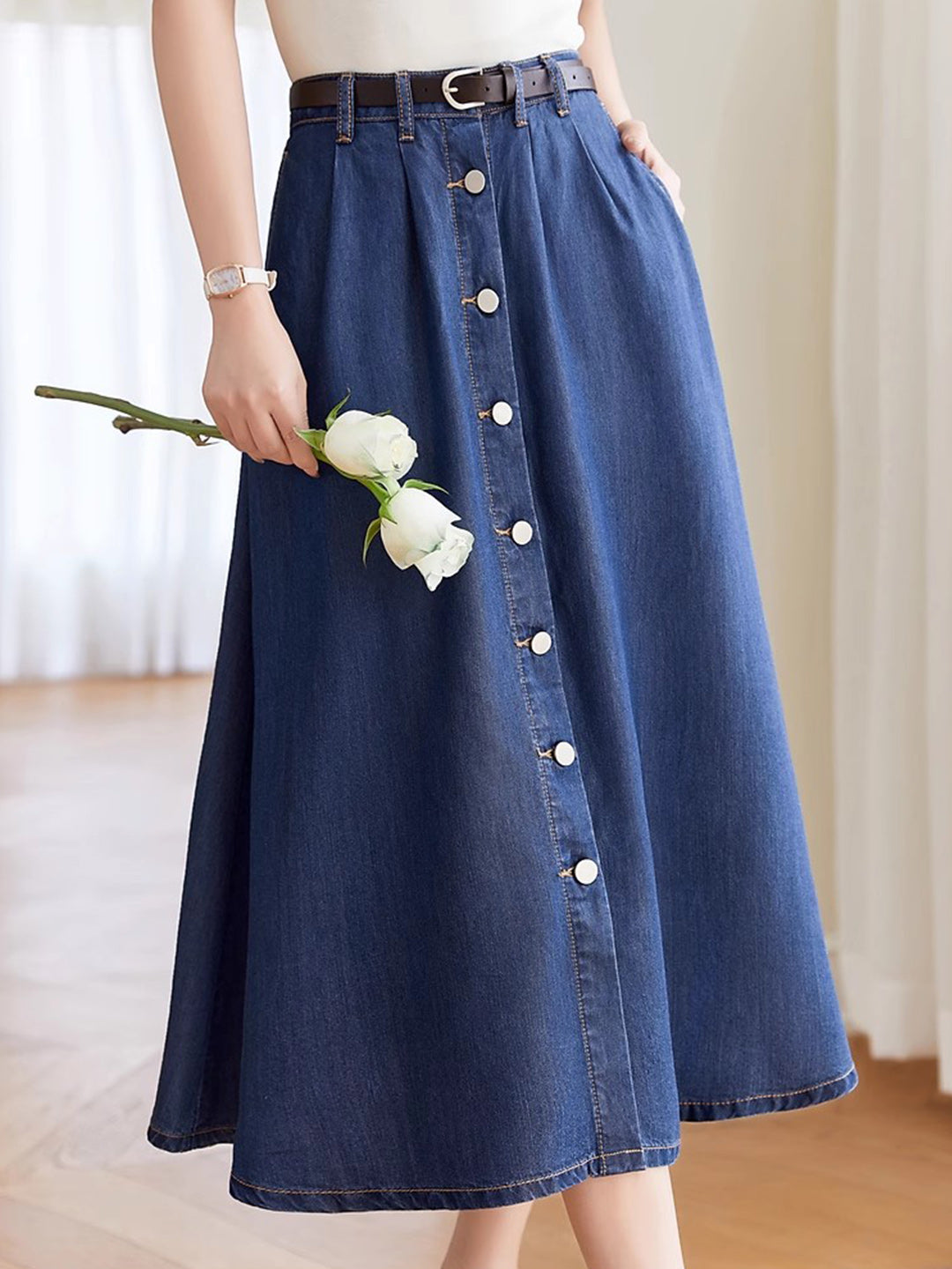 Persora™ | Classic Pleated Button Denim Skirt