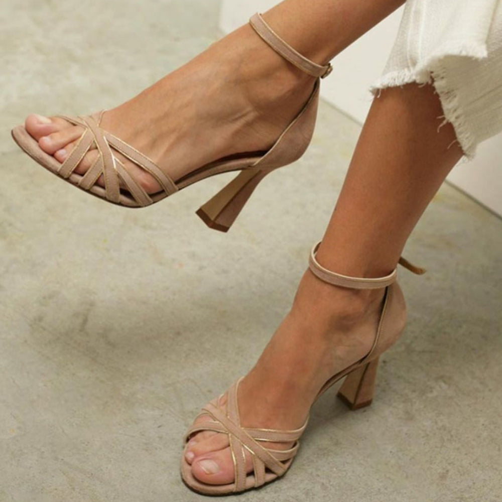 Persora™ | Round Toe Patchwork Sandals with Thin Heel