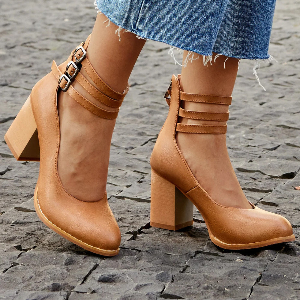Persora™ | Smooth sandals with ankle strap and thick heel