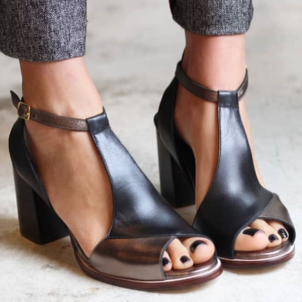 Persora™ | Black Patchwork Peep Toe Heels